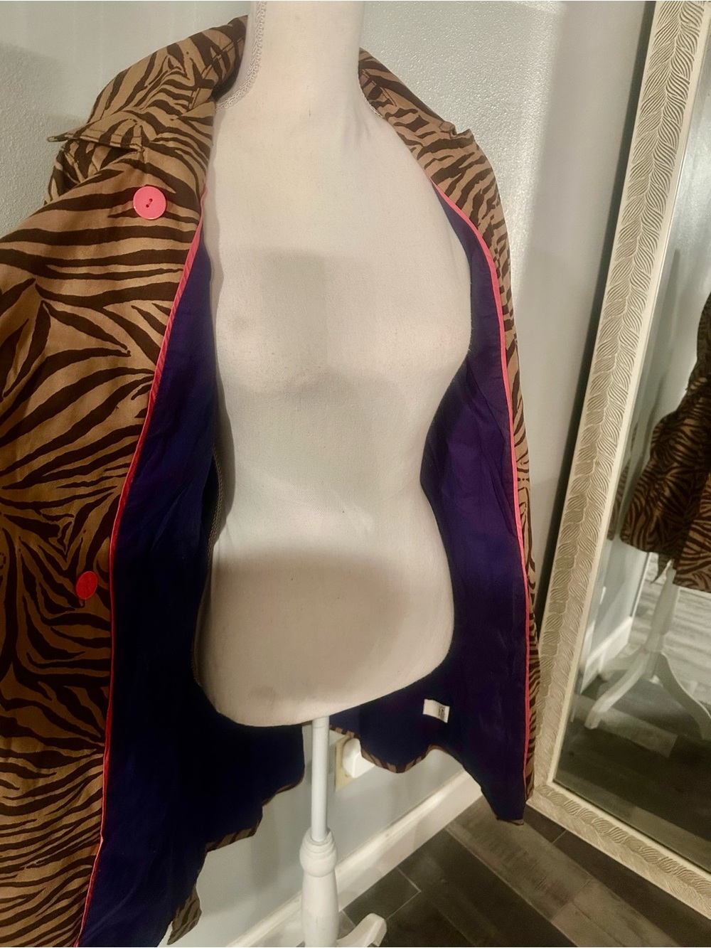 Women's Zebra Print Trench Coat with Pink Belt Accent - Picture 11 of 13